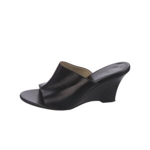 KHAITE Black Leather Wedge Slide Sandal